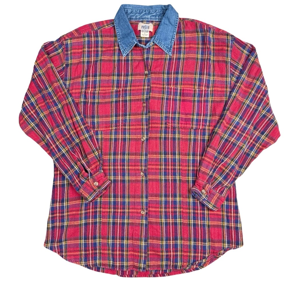 Vintage 90s Plaid Flannel Shirt Denim Collar Grunge Workwear Red Blue Large
